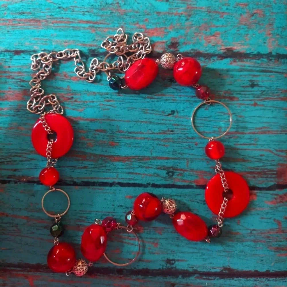 Red Acrylic Silvertone Beaded Long Statement Necklace
